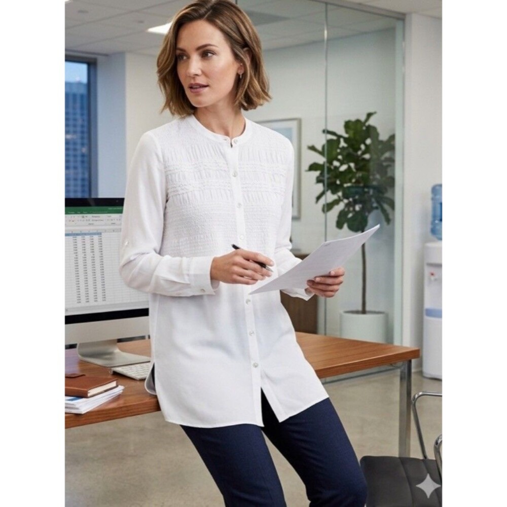NWT-J. Jill Smock White Long Sleeve Tunic Top Side Slits Light Large Officewear